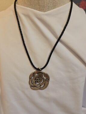 Brighton Texas Rose Necklace Silver-Plated Rose Pendant/Black Braided Cord